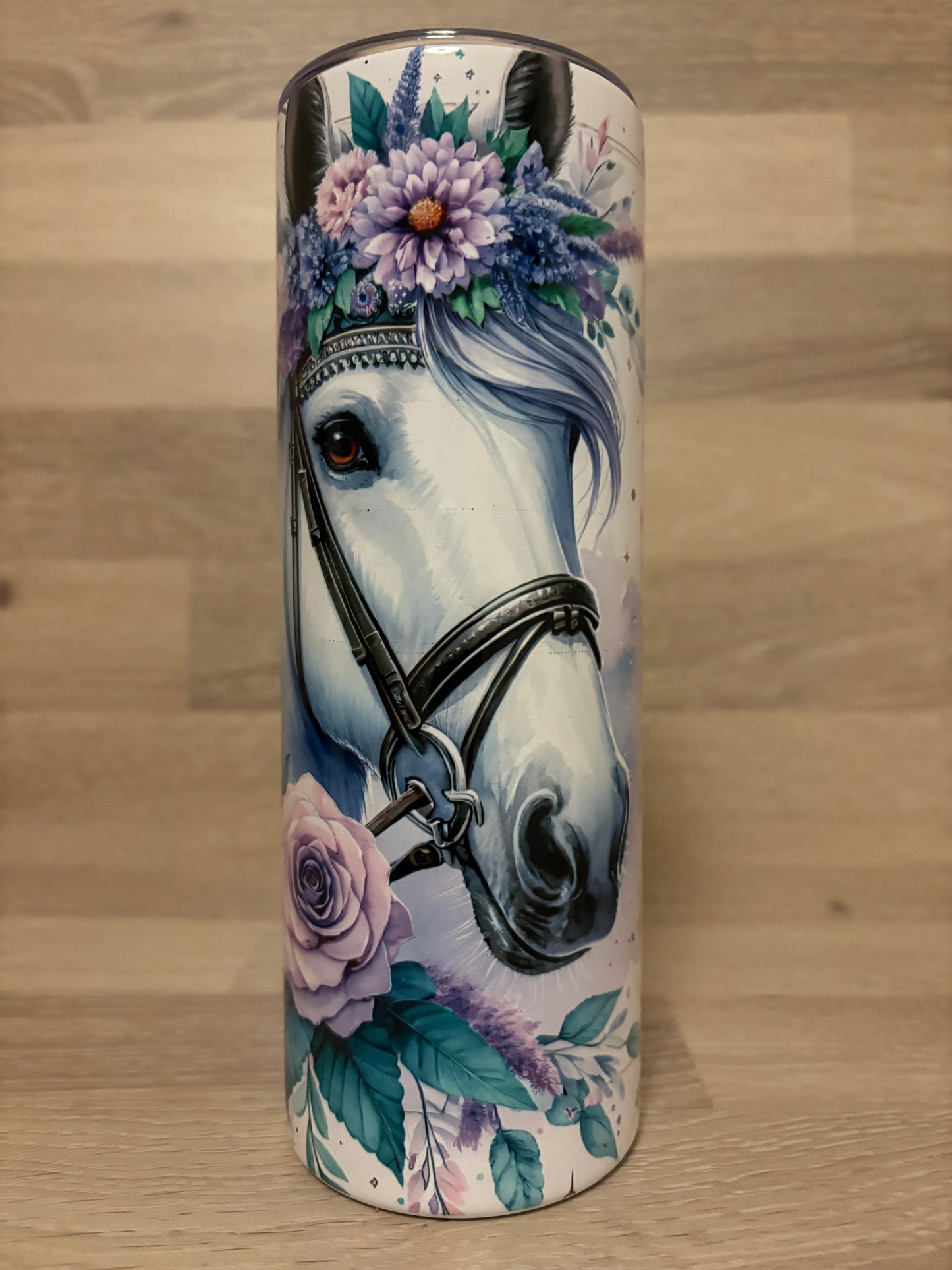 Tumbler/Edelstahlthermobecher Pferd mit Blumen Artikeln. 2003