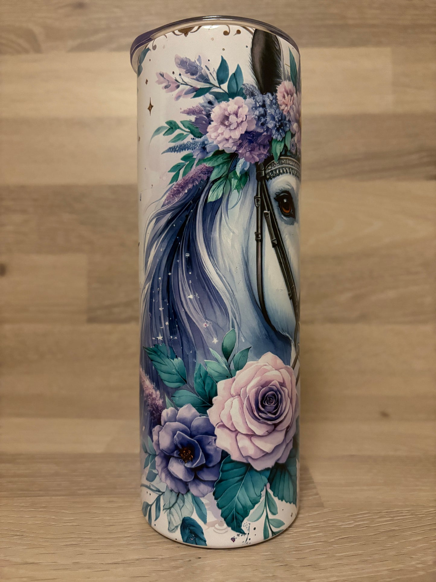 Tumbler/Edelstahlthermobecher Pferd mit Blumen Artikeln. 2003