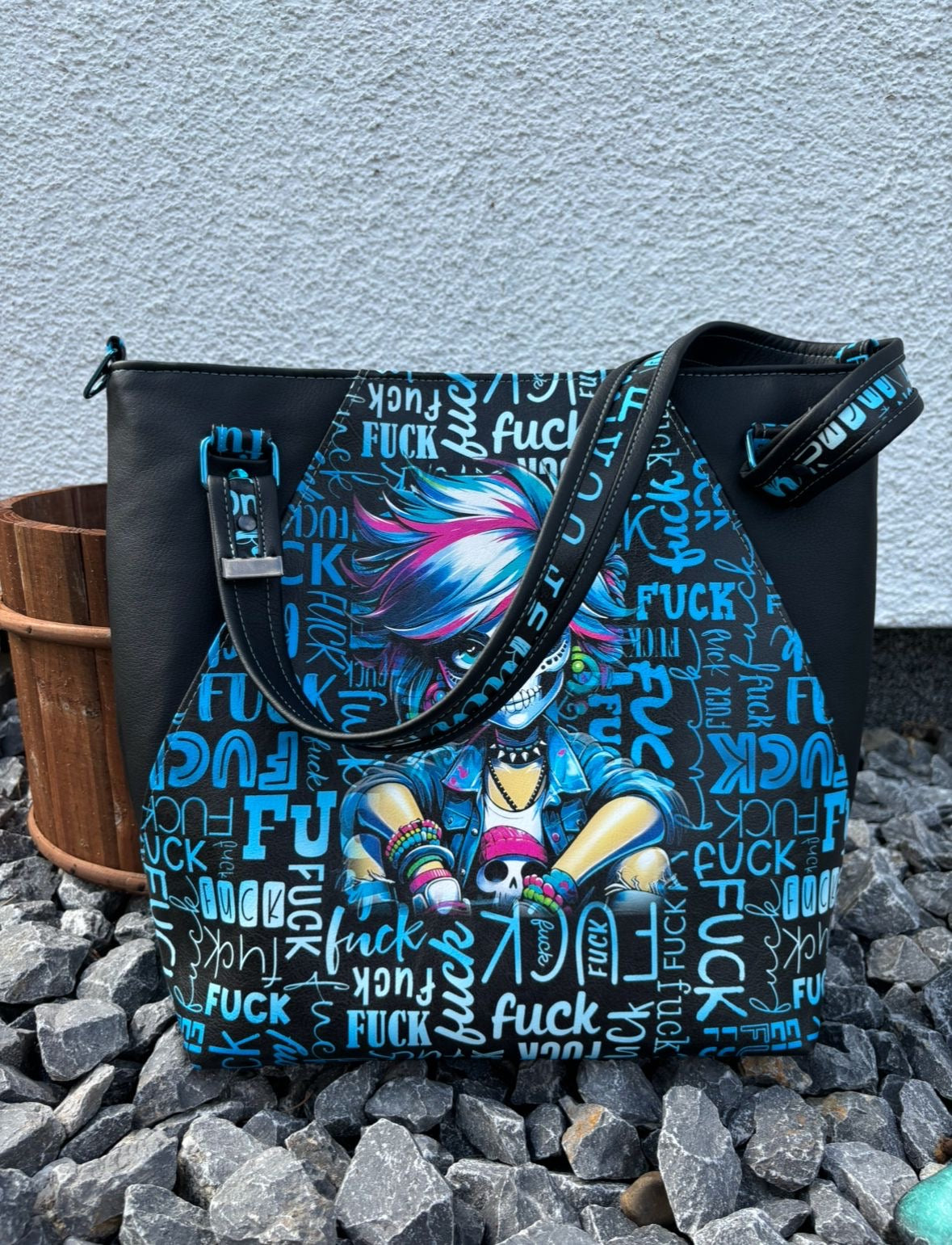 Handtasche / Schultertasche Fuck blau/schwarz