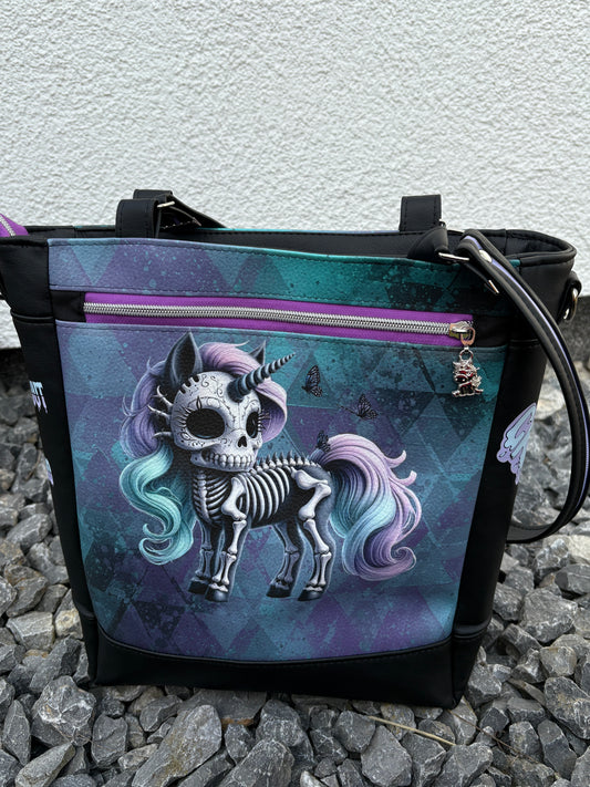 🖤 Handmade Design-Tasche mit Schultergurt & Henkeln Zombie Einhorn