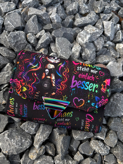 Handmade Portemonnaie  Miggi Skull Woman mit Spruch bunt