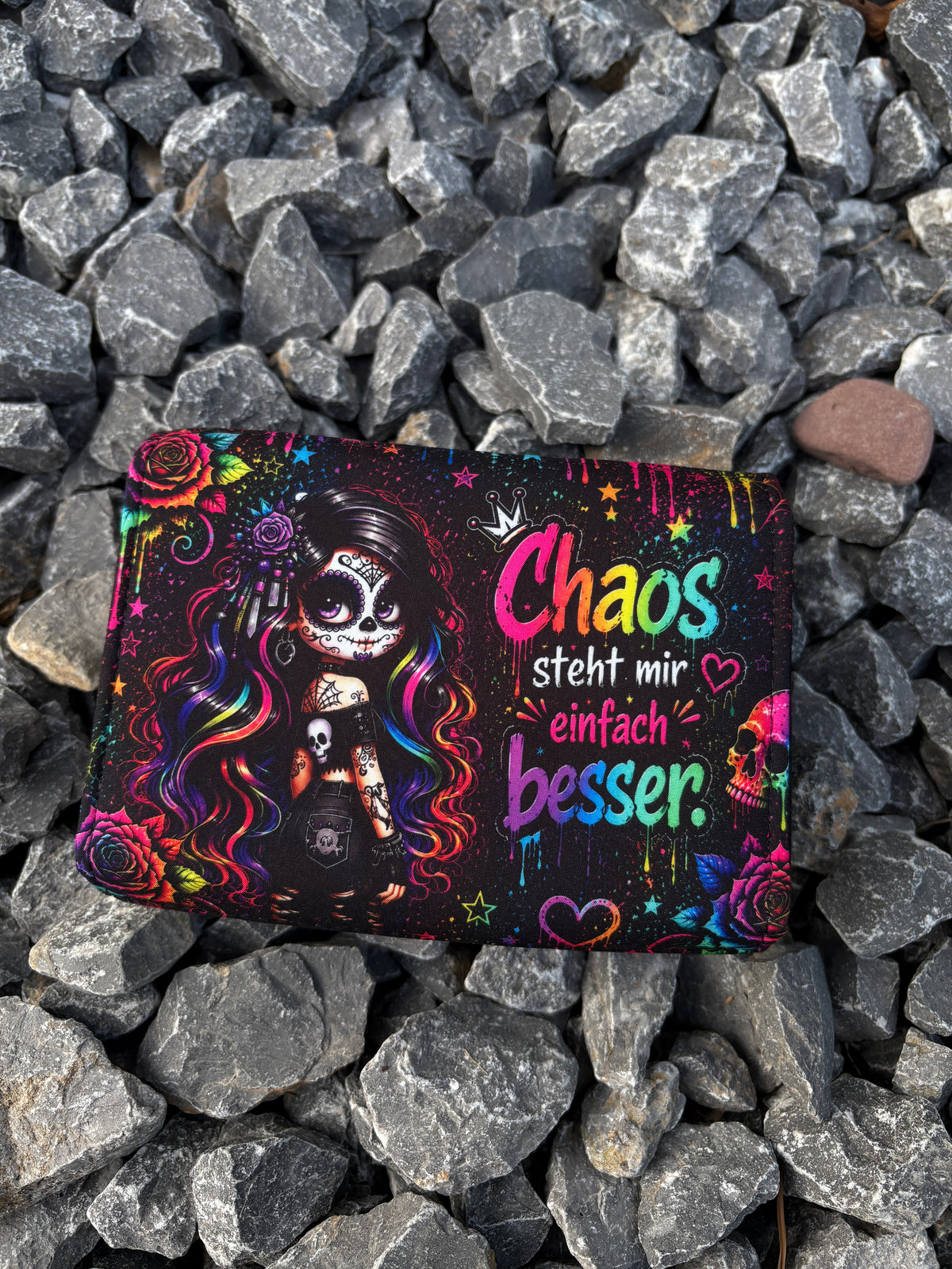 Handmade Portemonnaie  Miggi Skull Woman mit Spruch bunt