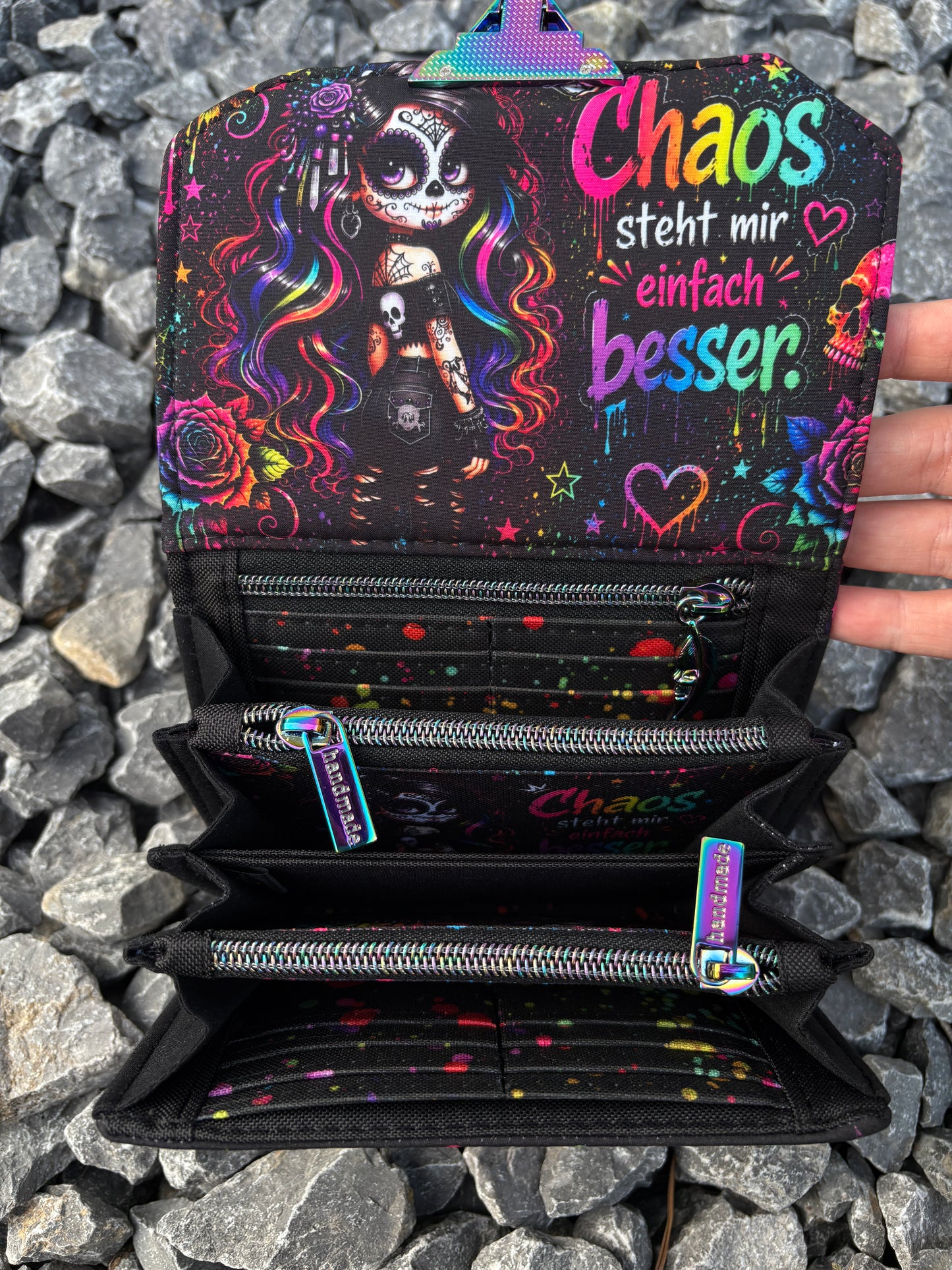 Handmade Portemonnaie  Miggi Skull Woman mit Spruch bunt