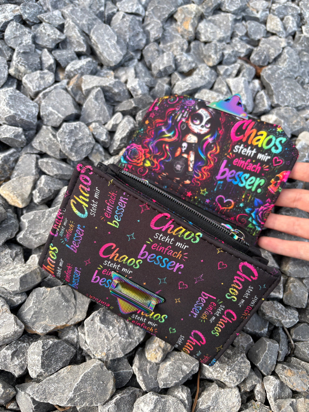 Handmade Portemonnaie  Miggi Skull Woman mit Spruch bunt